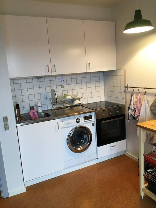 new kitchen with convention oven, induction stove and washing machine