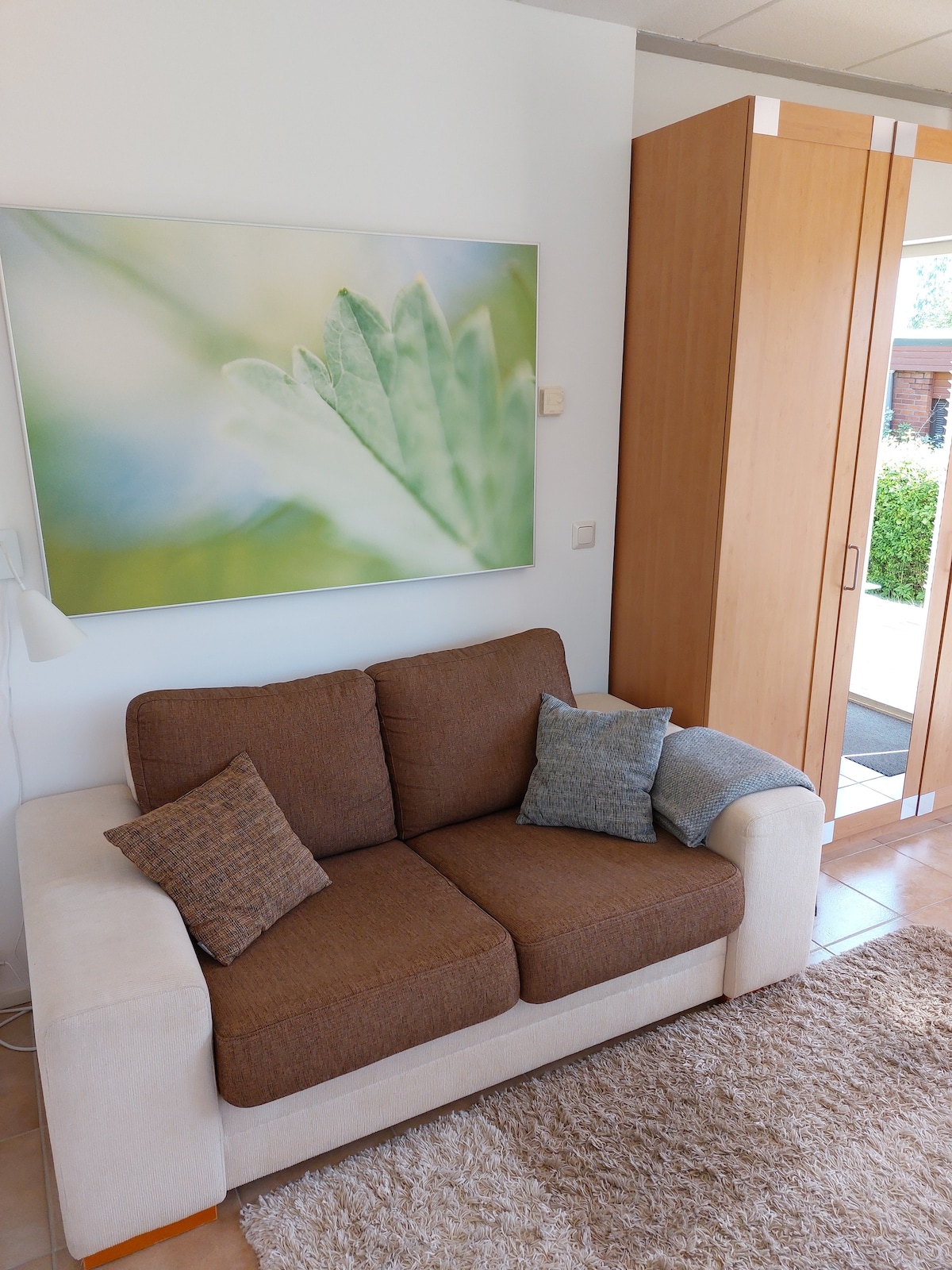 A comfortable sofa with brown and beige upholstery is positioned near a large green abstract print. Soft cushions in varying shades add a touch of texture. A wooden wardrobe is visible nearby, and natural light enhances the overall brightness of the cozy living space.