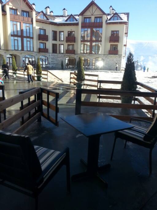 outside patio with mountain view