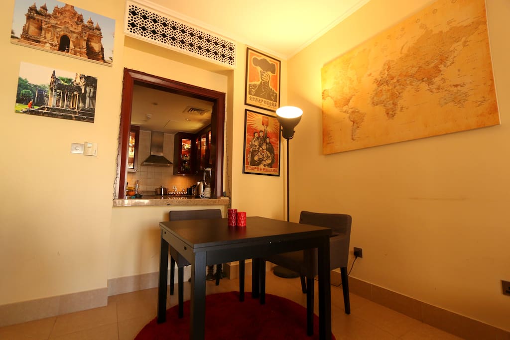 The apartment is full of decorative art and paintings from around the world