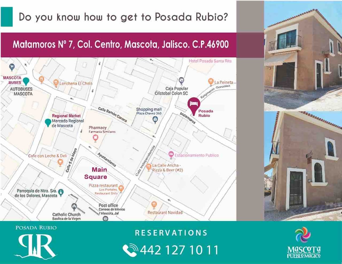 A detailed map highlights the location of Posada Rubio in the center of Mascota, Jalisco. Nearby landmarks and routes are depicted, showing the proximity to the main square and suggested access points, ensuring easy navigation for visitors.
