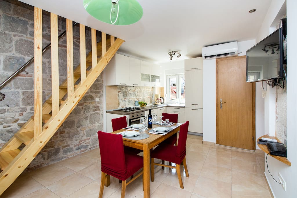Upstairs, there is a one more room with 2 single beds which can be put together to make one large bed.