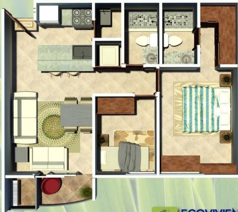 Cocina, Comedor, Sala con Balcón, Baño de Visitas, Dormitorio Secundario con Closet, Dormitorio Principal con Walking Closet y Baño Privado y Area de Lavandería.