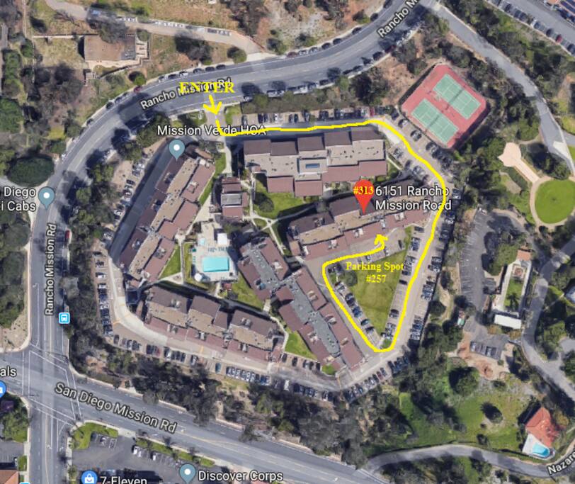 How to access the designated covered parking spot. There is an additional parking spot and plenty of on street parking located on Rancho Mission Rd