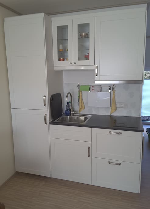 Küche mit Kühlschrank, Spüle, 2 Platten Cerankochfeld u. Abzugshaube