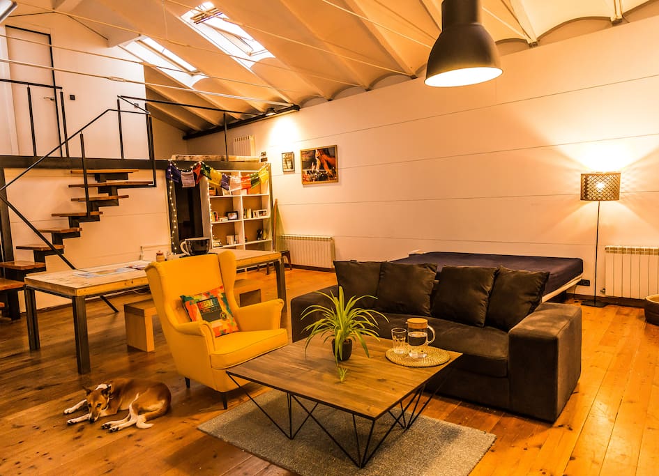 Main living room/space equipped with a double bed, sofa, chairs, huge table and TV.