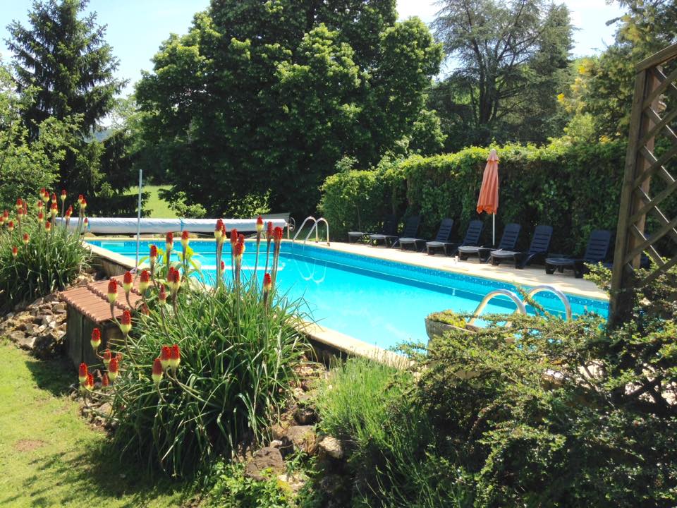 A large swimming pool is framed by lush greenery and vibrant flowers. Sun loungers are arranged alongside the pool, offering a place to relax. A parasol adds shade in the background, while a well-maintained lawn provides ample space for leisure activities.