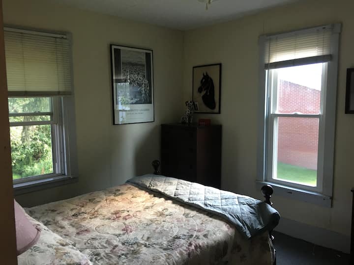 Upstairs bedroom closest to bath.  Full size bed,  gas heater, dresser and vanity with view of back yard.(201)