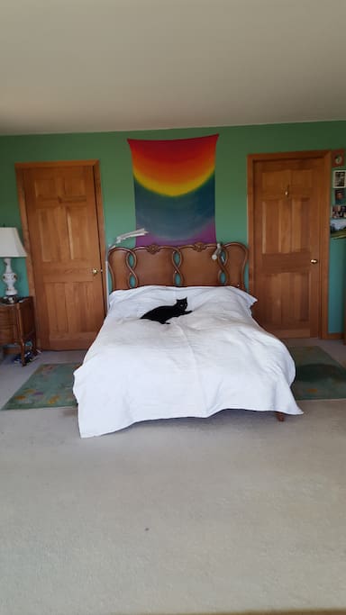 We have a very big bedroom with a view of the mountain and its own bathroom