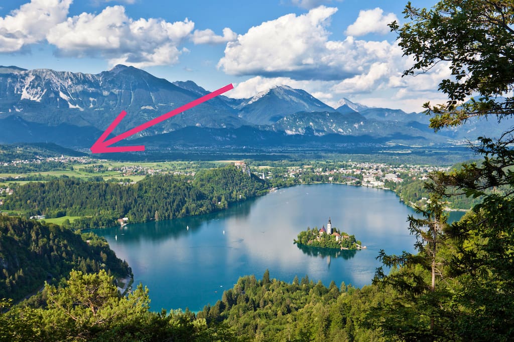 Lake Bled and the location of our apartment. It's a 10 minute drive from our apartment to the lake.