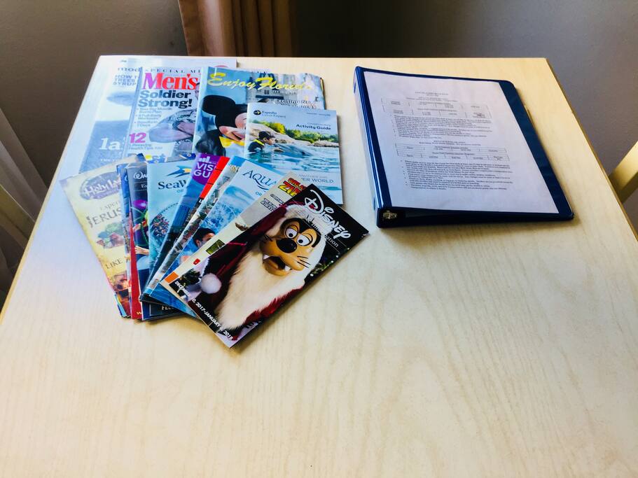 guide books, attraction flyers, reading material galore
