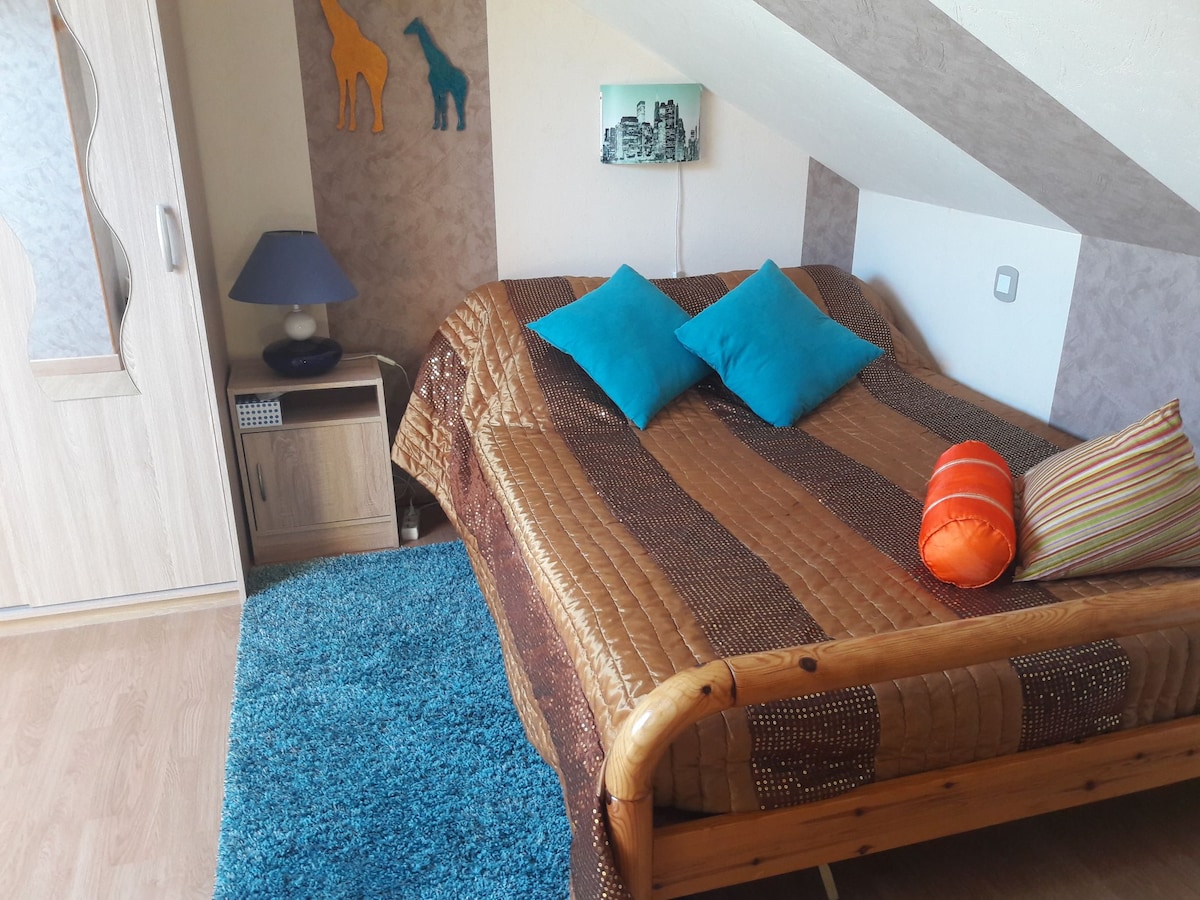 A cozy bedroom features a spacious bed adorned with a textured brown coverlet and bright blue cushions. A warm orange accent pillow is placed at the foot of the bed. A soft blue rug lies beneath, complementing the light wood furniture, which includes a bedside table and wardrobe.