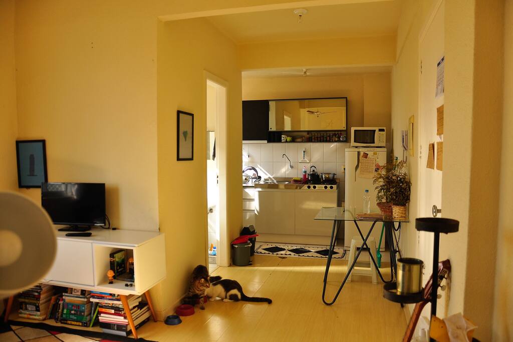 Aqui é a sala e a cozinha. Na porta à esquerda é a entrada para o banheiro.