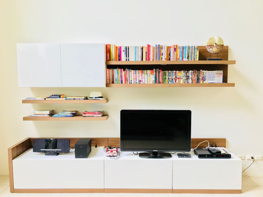 Satellite tv, Blu-ray, retro console game, stereo, usb chargers and a lot of books & magazines