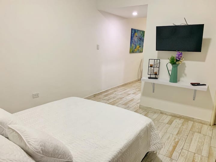 Alcoba, veľmi pohodlná manželská posteľ a televízor.