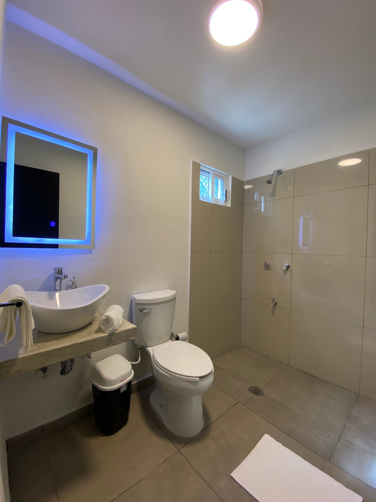 A modern bathroom features a glass shower with dual showerheads and a large mirror with soft blue lighting. A sleek sink with a minimalist design is paired with a toilet, while a small trash can is positioned nearby. Natural light filters in through a small window.