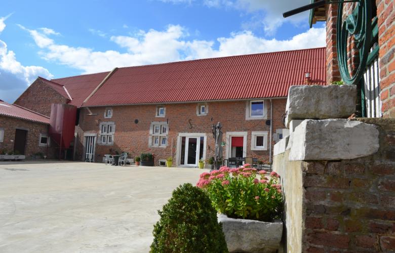 A charming farmhouse stands with a red metal roof against a bright blue sky. The brick walls are complemented by flower beds and greenery in the foreground. Multiple windows are visible, with outdoor seating arrangements inviting relaxation in the spacious courtyard.