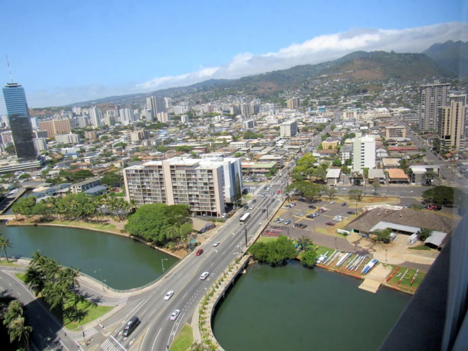 Beautiful view of the Ala Wai Canal and mountains