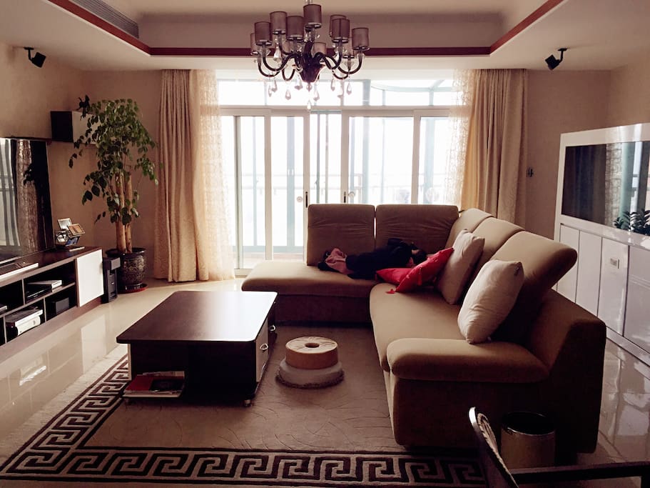 Big and luxury living room with balcony. One extra large 65' 3D TV set and DVD.