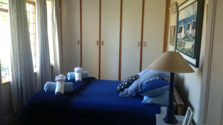 Habitación azul con amplio espacio en el armario
