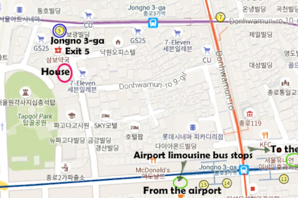 The locations of airport bus stops and the closest subway station.