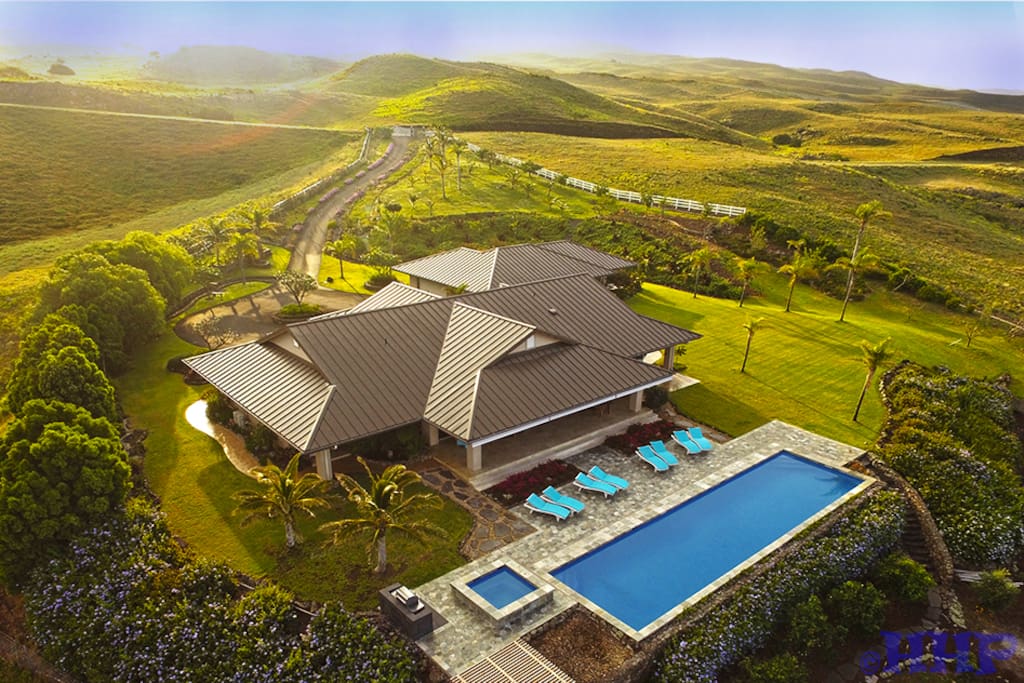 Aerial view of house and landscaping