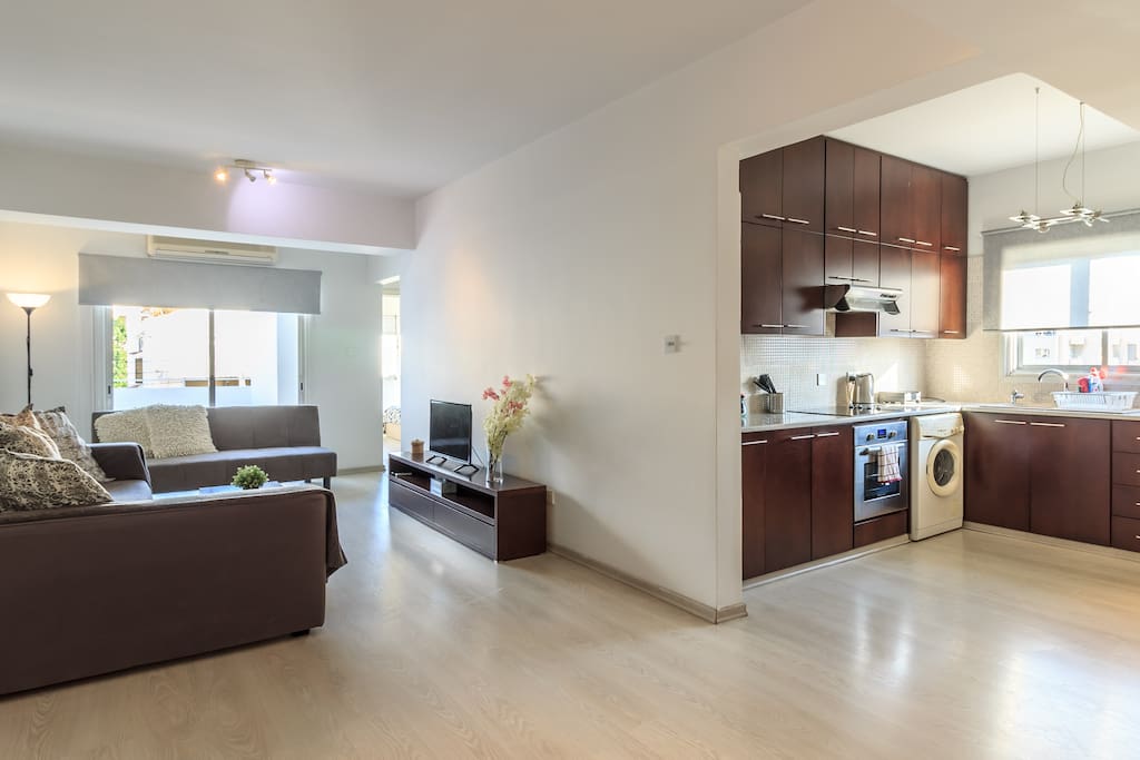 Spacious Living Room Area with Kitchen