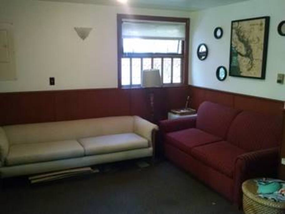 A downstairs sofa, bedroom and half bath.