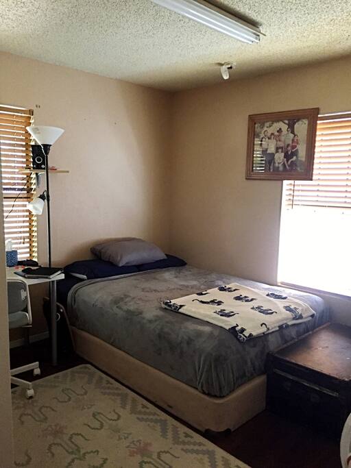 Bedroom, all natural light! Room has faux wood blinds that blackout the room when closed for optimal sleep conditions! The door to my room is a heavy duty sound blocking door, so you can barely hear anything in the rest of the house (though the roommates are quiet anyway). Super comfy Queen bed!