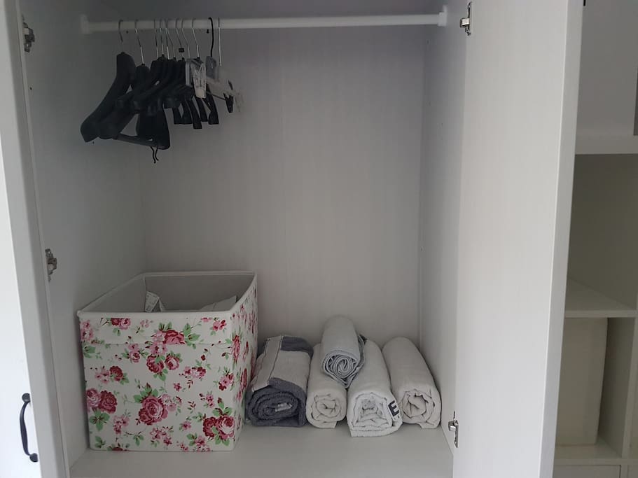 There are couple of shelves and lots of wardrobe spacce.