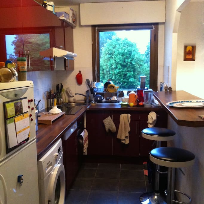 Cuisine aménagée avec bar donnant le salon/salle à manger (passe-plat). Elle se ferme également.