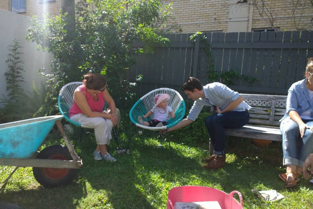 Ignore the wheelbarrow - here we are chilling out after a bit of gardening ! Just to give you an idea of the space between us and a neighbouring block of units ....