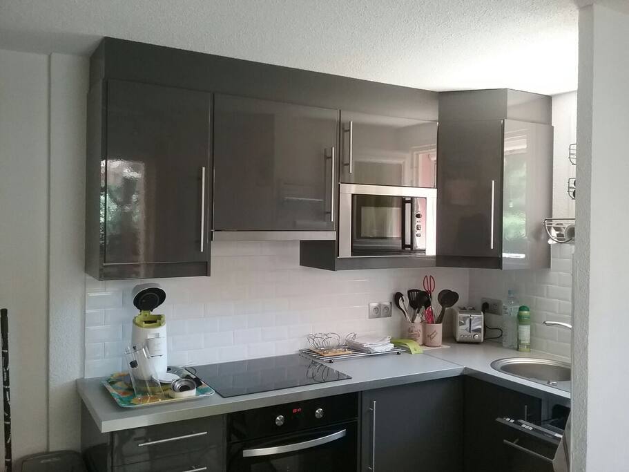 Cuisine équipée avec four,plaque induction,hote aspirante ,micro-ondes, lave-vaisselle .