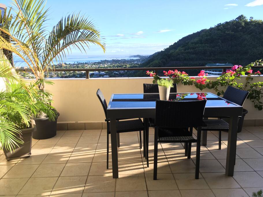 La terrasse avec sa table qui se rallonge pour le double!