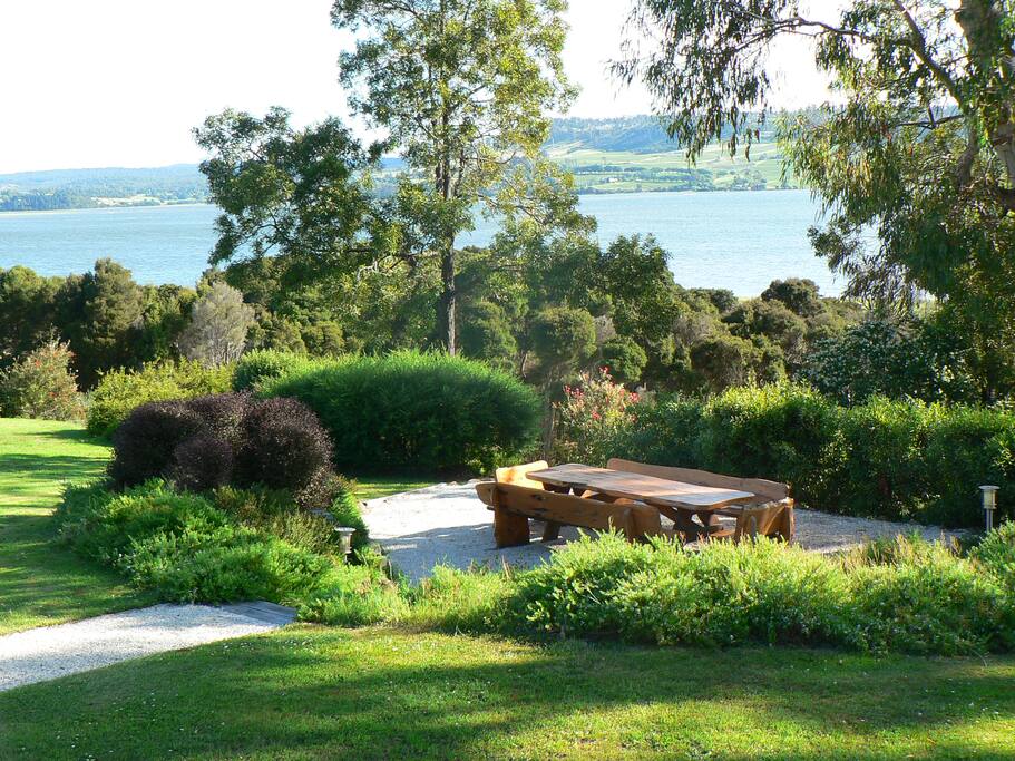 Barbecue table and lawns.