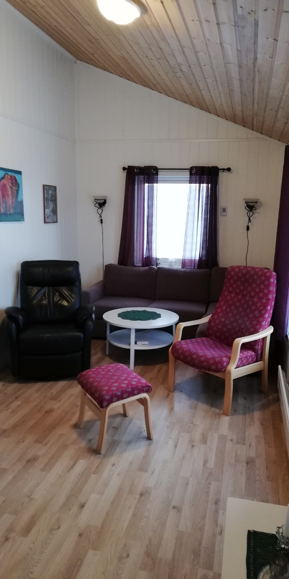 Მისაღები ოთახი დივნით, ორი სკამით, შეშის ღუმელით, ტელევიზორით.