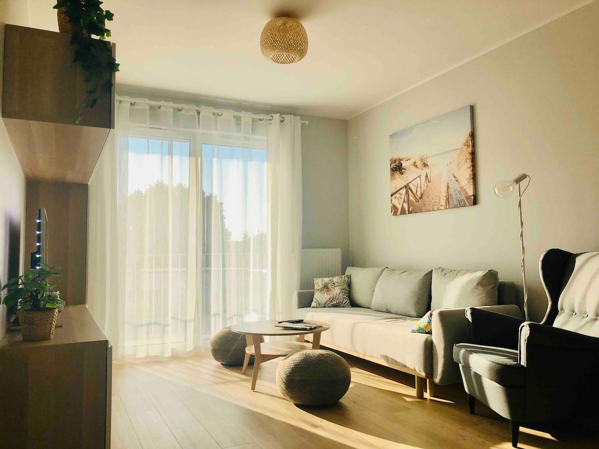 A bright living room features large glass doors draped with sheer white curtains, allowing sunlight to fill the space. A light-colored sofa and a dark armchair are positioned around a low coffee table. Decorative elements include a potted plant and a wall art piece depicting a beach scene.