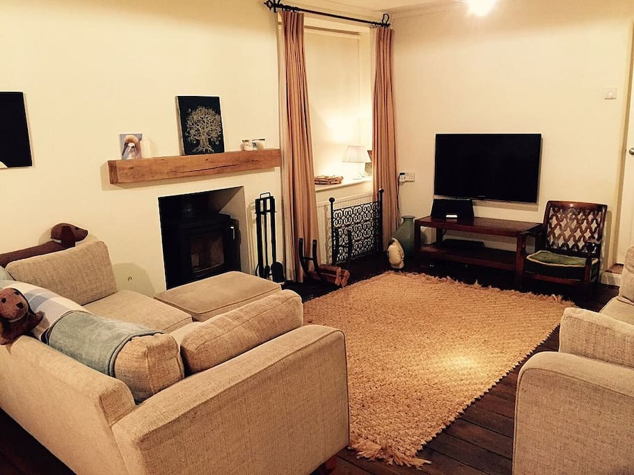 Lounge with woodburning stove.