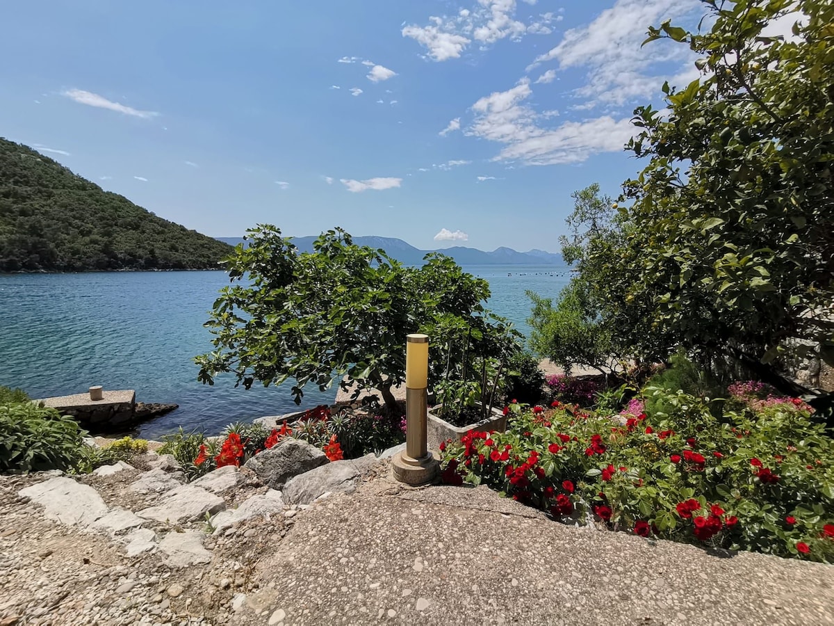 The image captures a serene coastal scene with clear blue waters and lush greenery. Colorful flowers line the rocky pathway by the sea, offering a vibrant contrast to the natural surroundings. A lamp stands prominently on the path, positioned to provide light against the inviting landscape.