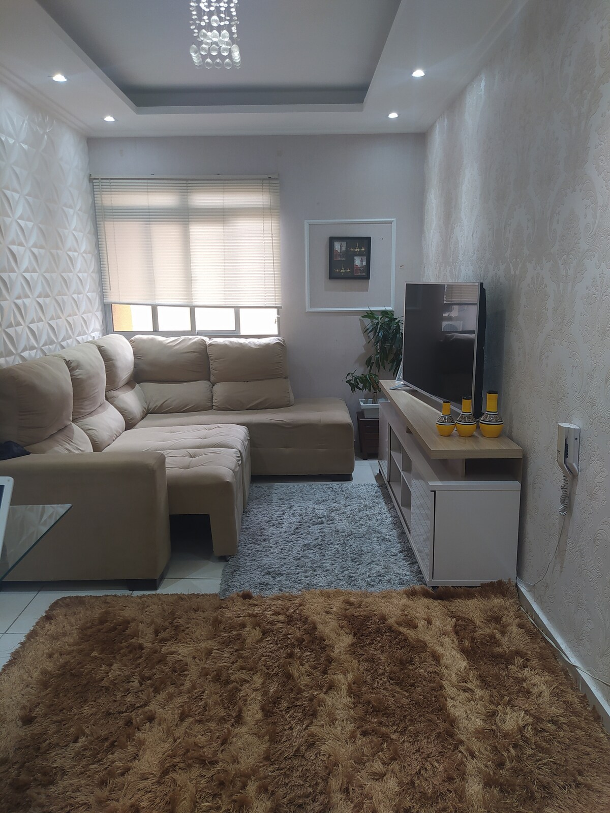 A well-lit living room features a light-colored sectional sofa positioned against a textured wall. A television is mounted on a white media unit, complemented by a potted plant. A soft, beige rug adds warmth to the space, while natural light filters through the window.