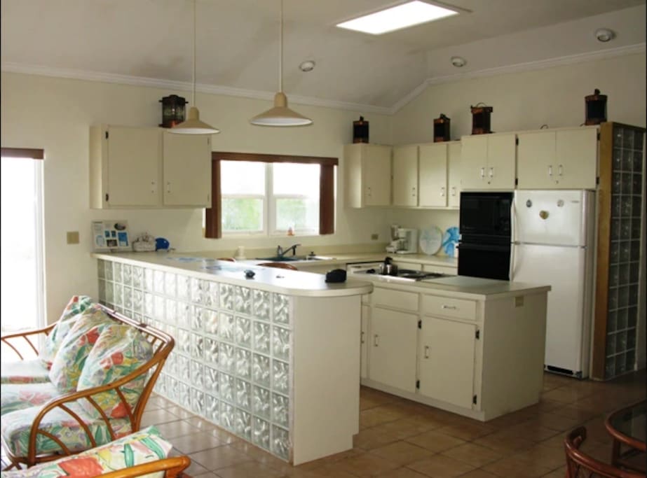 The kitchen with views of the ocean.