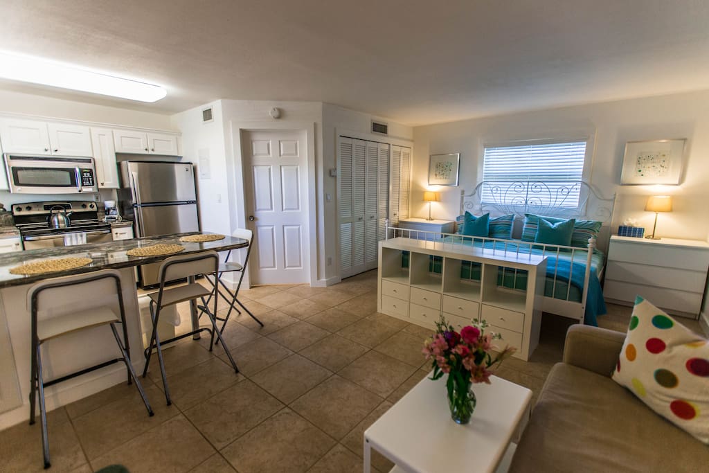 Studio is approx 380 square feet with full kitchen, king bed