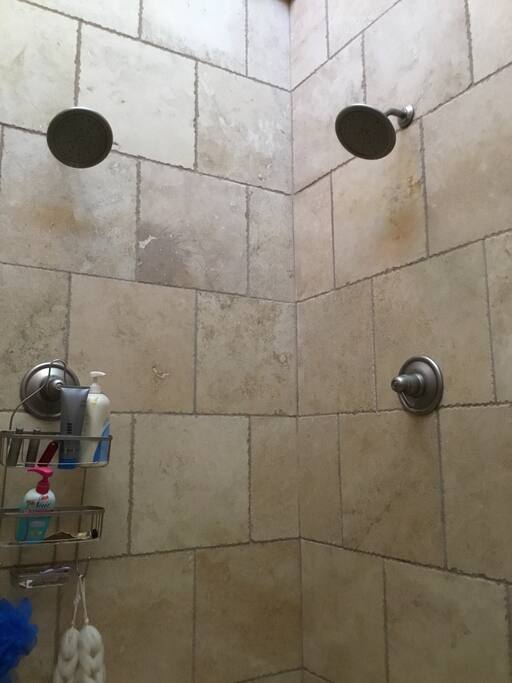 Master bathroom two-story shower with dual shower heads