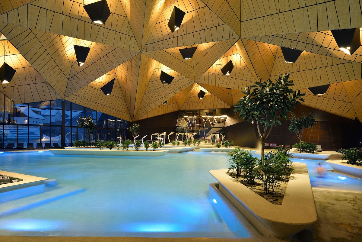 An indoor wellness area is presented, featuring a large, illuminated swimming pool surrounded by lush greenery. The space is characterized by an architecturally striking ceiling with geometric shapes and warm lighting that enhances the tranquil atmosphere.