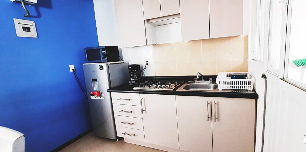 The kitchen features modern cabinetry with a dark countertop. A stainless steel refrigerator and microwave are positioned against a blue accent wall. A gas stove and sink are included, with a white dish rack placed nearby for drying dishes.