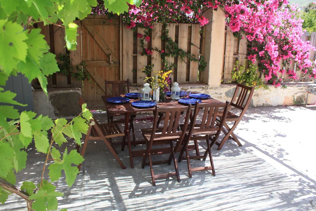 Coin repas à l'ombre dans le jardin.