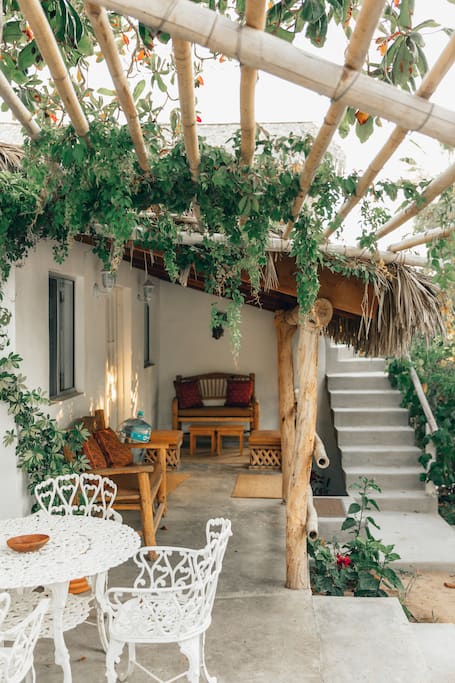 Outdoor pergola, breakfast with a farm view