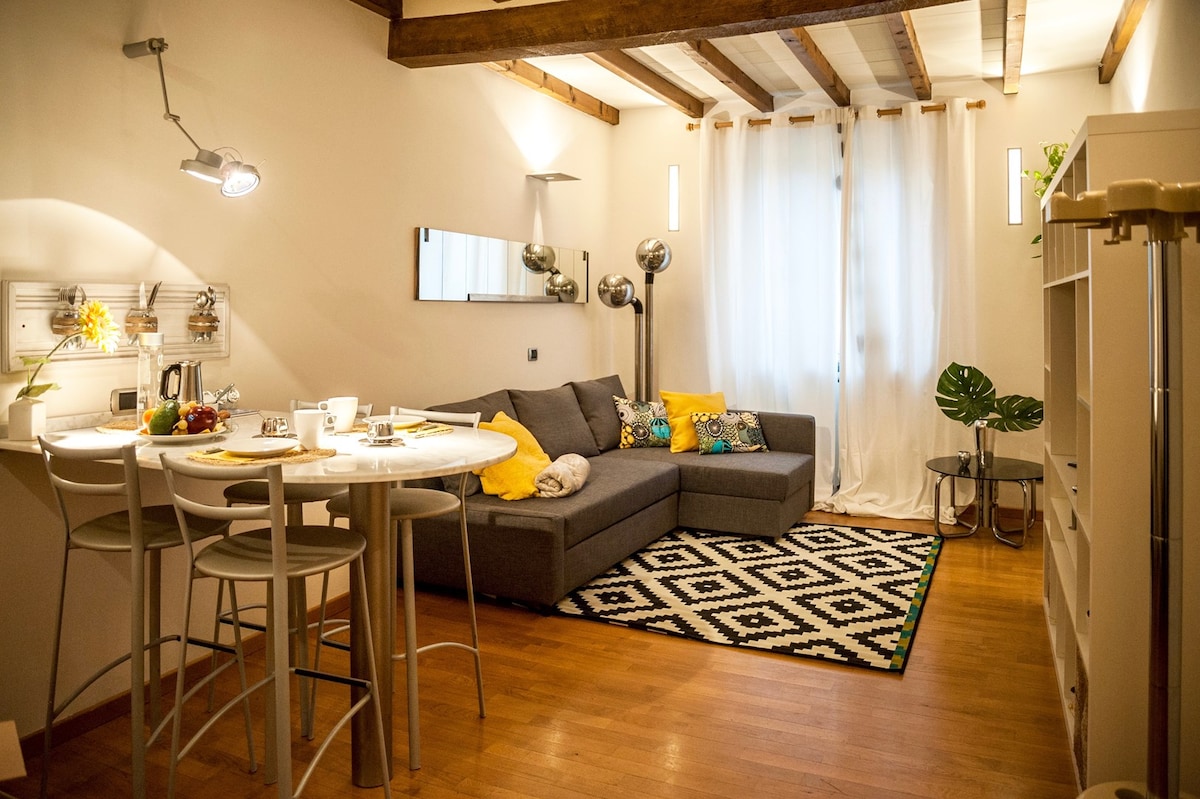 The living area features a comfortable gray sofa, accented with colorful pillows, alongside a round dining table set for four. A large window is adorned with light, sheer curtains. A patterned rug and decorative plants add a touch of vibrancy to the wooden floor.