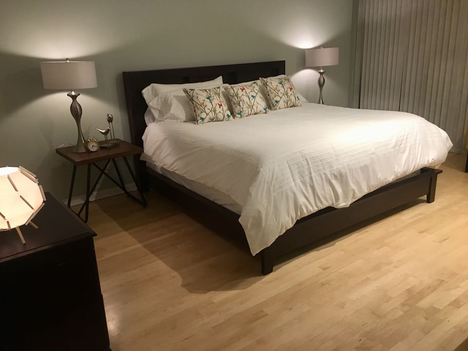 Master bedroom with king size tempurpedic mattress. Large floor to ceiling windows bring in immense light