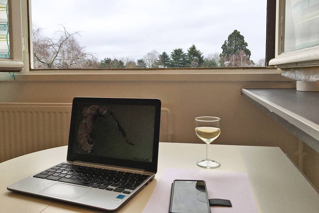 Votre espace de travail pour installer votre ordinateur portable, ou boire un verre, face à la fenêtre avec vue.